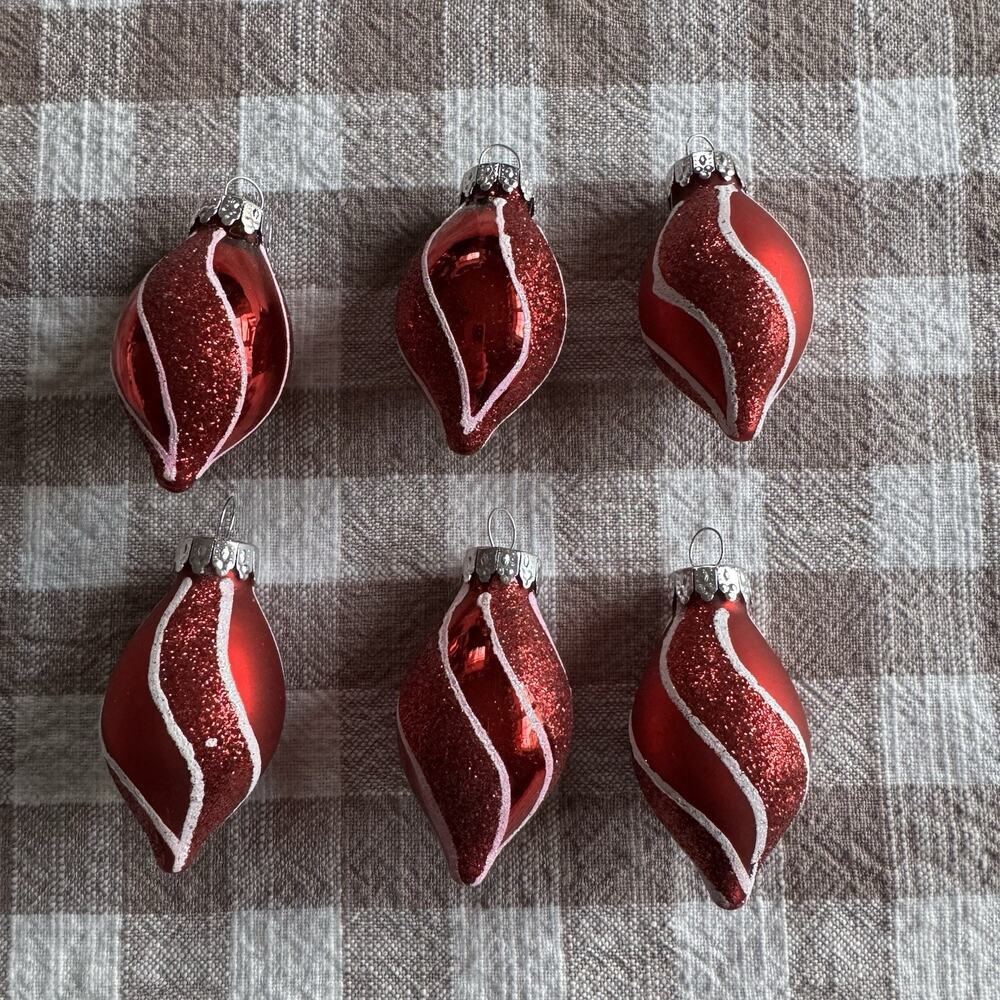 Red White Glitter Glass Teardrop Ornaments Ornaments - Set Of 6